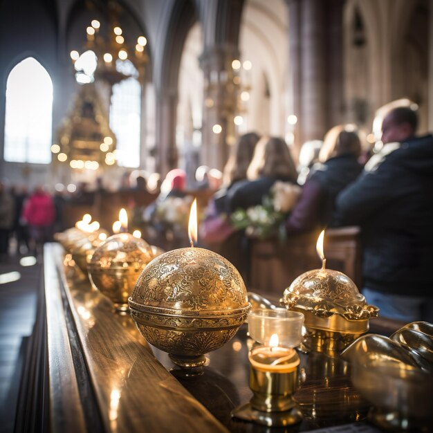 eine Gruppe von Menschen sitzt an einer Kirchenbank mit einer Kerze in der Mitte