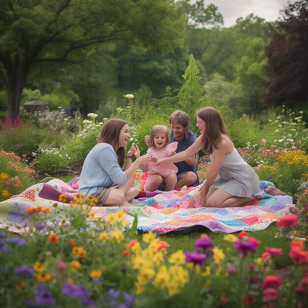 Eine Gruppe von Menschen sitzt auf einer Decke in einem Garten mit Blumen und Bäumen.