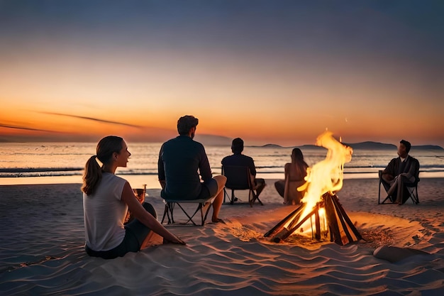 Foto eine gruppe von menschen sitzt bei sonnenuntergang am lagerfeuer.