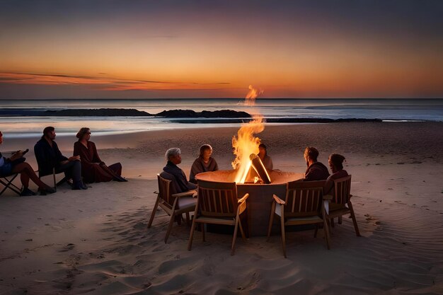 Foto eine gruppe von menschen sitzt bei sonnenuntergang am strand um ein feuer.