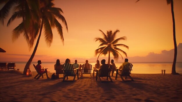 Eine Gruppe von Menschen sitzt bei Sonnenuntergang am Strand unter einer Palme. Generative KI