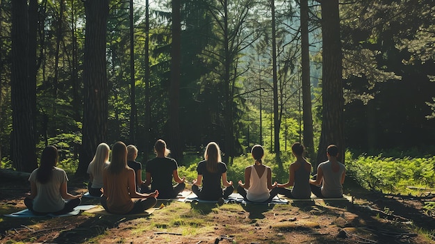 Foto eine gruppe von menschen sitzt im wald in einem kreis, alle tragen bequeme kleidung und sitzen mit den beinen gekreuzt.