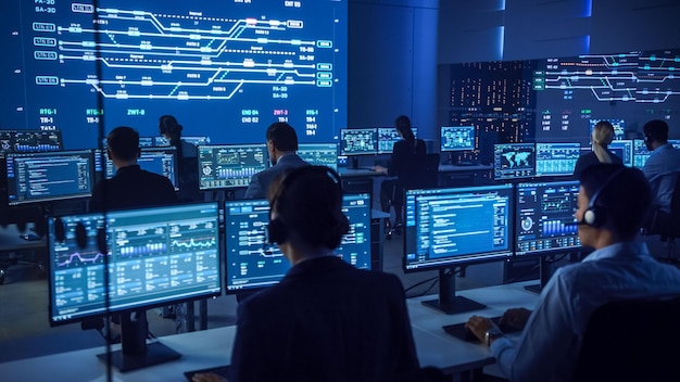 Eine Gruppe von Menschen sitzt in einem dunklen Raum an Computern mit einem großen Bildschirm, auf dem ein Computerbildschirm mit einem Code zu sehen ist.