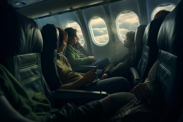 Foto eine gruppe von menschen sitzt in einem flugzeug mit der aufschrift „the word“ auf der seite.