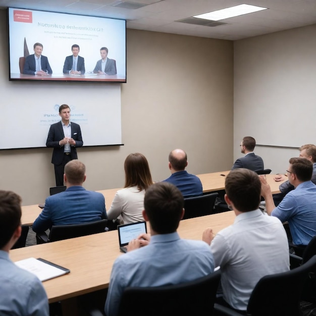 eine Gruppe von Menschen sitzt in einem Konferenzraum mit einem Bildschirm