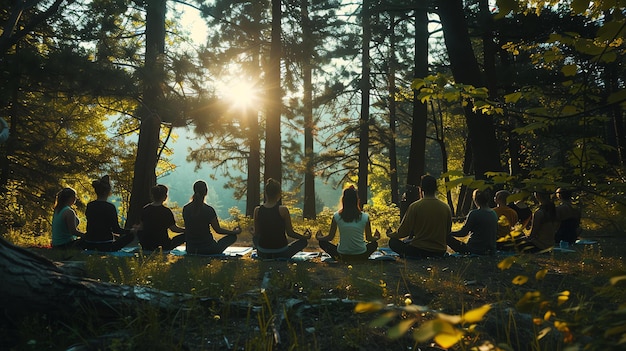 Eine Gruppe von Menschen sitzt in einem Kreis im Wald und meditiert, die Sonne scheint durch die Bäume, das Bild ist friedlich und ruhig.