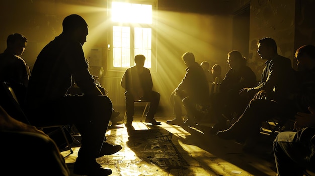 Eine Gruppe von Menschen sitzt in einem Kreis in einem dunklen Raum, das einzige Licht kommt von einem Fenster im Hintergrund.