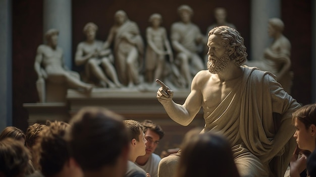 Eine Gruppe von Menschen sitzt in einem Raum mit einer Statue eines Mannes und einer Frau im Hintergrund.