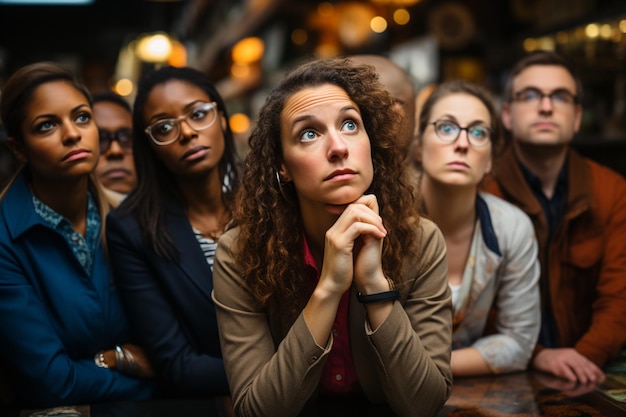 Eine Gruppe von Menschen sitzt in einer Bar, einer von ihnen schaut nach oben.