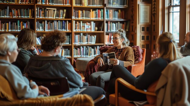 Foto eine gruppe von menschen sitzt in einer bibliothek und liest und spricht, es gibt bücherregalen um sie herum, die leute tragen alle einfache kleidung.