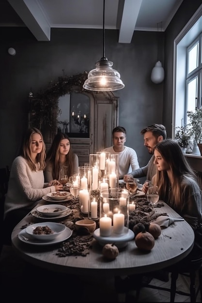 Eine Gruppe von Menschen sitzt mit brennenden Kerzen um einen Tisch.