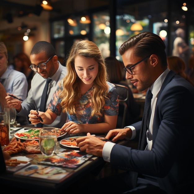 Eine Gruppe von Menschen sitzt mit Essen und Getränken an einem Tisch.