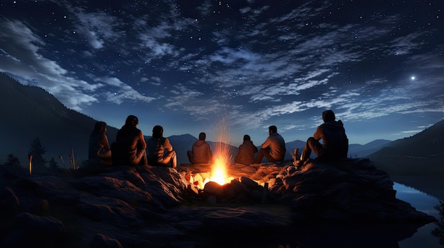 Eine Gruppe von Menschen sitzt nachts um ein Lagerfeuer.