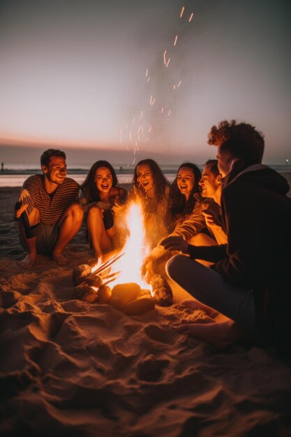 Eine Gruppe von Menschen sitzt um ein Feuer am Strand. Generatives KI-Bild