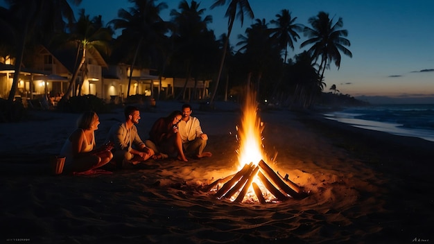 eine Gruppe von Menschen sitzt um ein Lagerfeuer an einem Strand herum