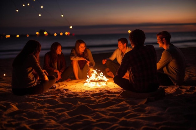 eine Gruppe von Menschen sitzt um ein Lagerfeuer herum und beobachtet den Sonnenuntergang.