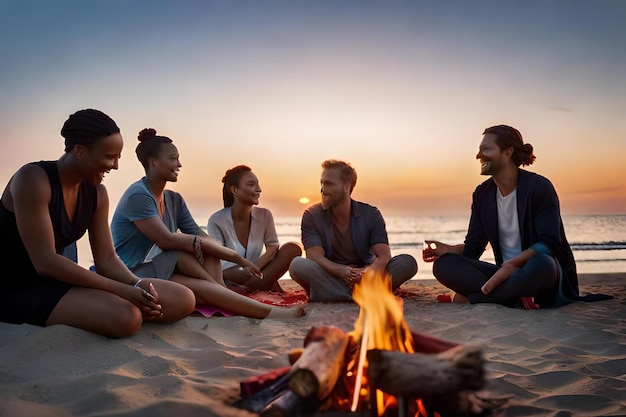 Eine Gruppe von Menschen sitzt um ein Lagerfeuer und genießt einen warmen Sonnenuntergang.