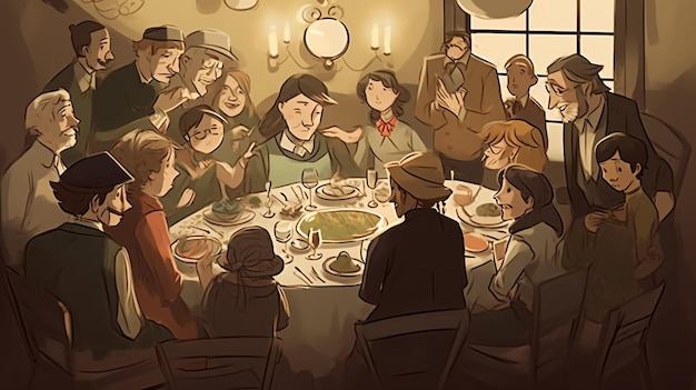 Eine Gruppe von Menschen sitzt um einen Tisch, einer von ihnen sagt „Das letzte Abendmahl“.
