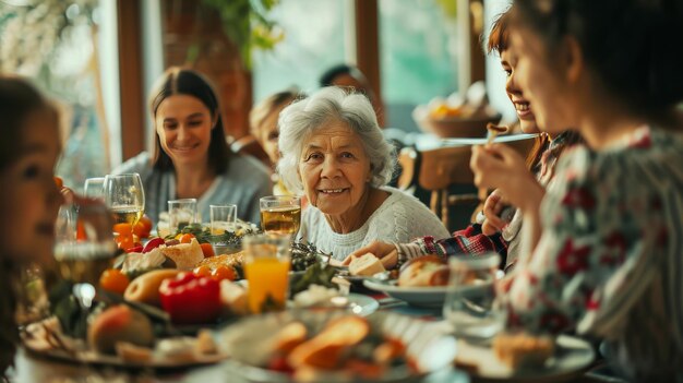 Foto eine gruppe von menschen sitzt um einen tisch und genießt gemeinsam eine mahlzeit am muttertag