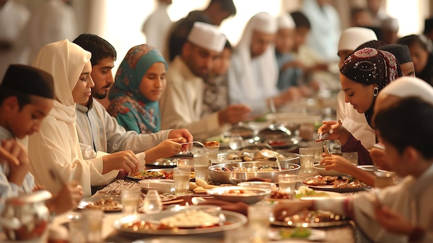 Eine Gruppe von Menschen sitzt um einen Tisch und isst, der Tisch ist voller Essen, die Menschen tragen alle traditionelle Kleidung.