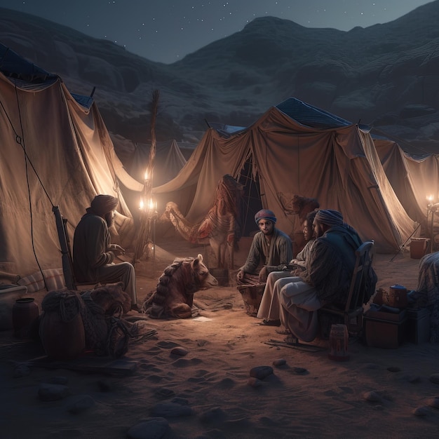 Eine Gruppe von Menschen sitzt vor Zelten mit der Aufschrift „Camp“ unten rechts