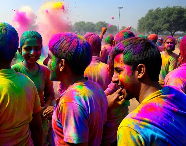 Foto eine gruppe von menschen spielt holi, das fest der farben.
