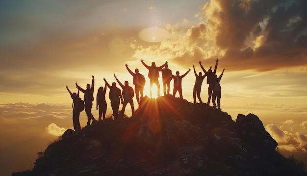 Eine Gruppe von Menschen steht auf einem Berg und die Sonne scheint auf sie.