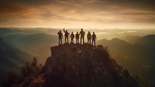 Eine Gruppe von Menschen steht auf einem Berggipfel und die Sonne geht hinter ihnen unter
