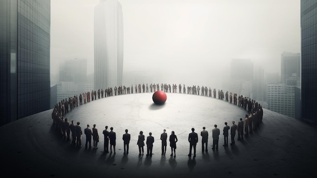 Eine Gruppe von Menschen steht im Kreis um einen roten Ball.