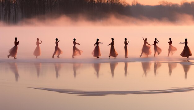 eine Gruppe von Menschen steht im Wasser mit der Sonne hinter sich