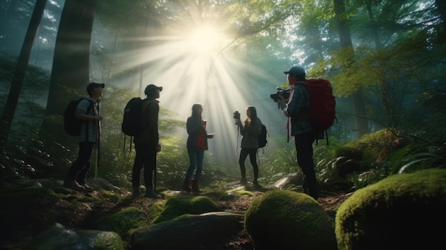 Eine Gruppe von Menschen steht in einem Wald, die Sonne scheint durch die Bäume.