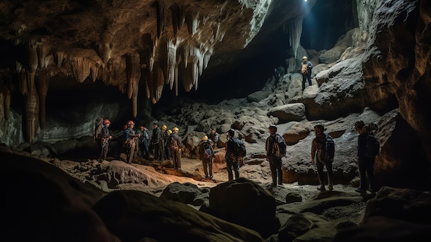 Eine Gruppe von Menschen steht in einer Höhle, links steht das Wort „Höhle“.