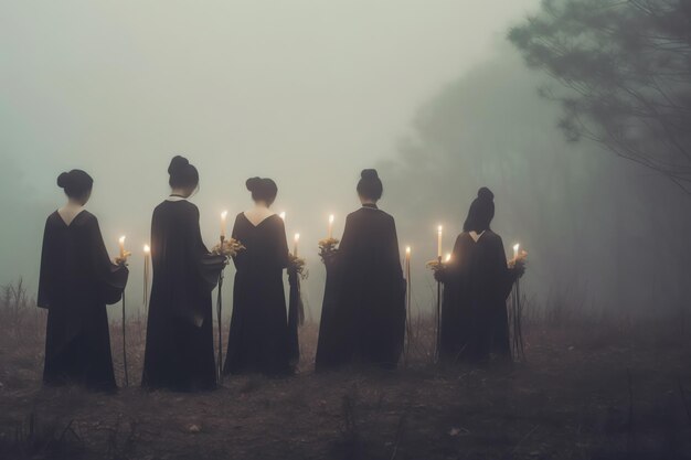 Eine Gruppe von Menschen steht mit Kerzen auf dem Kopf auf einem nebligen Feld.