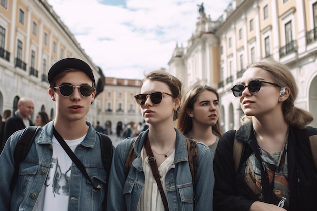 Eine Gruppe von Menschen steht mit Sonnenbrillen auf einer Straße.