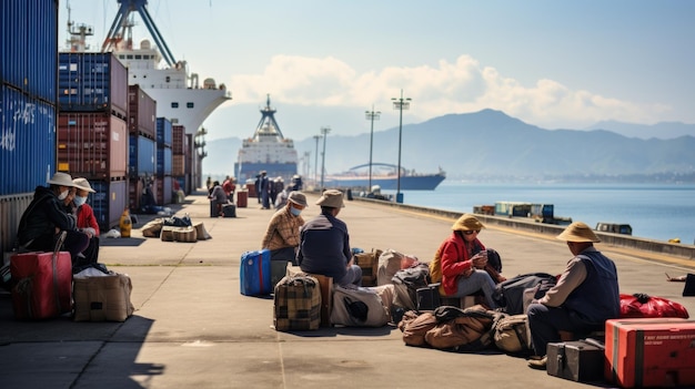 Eine Gruppe von Menschen steht neben einem Dock mit Gepäck und generativen asiatischen Arbeitsmigranten