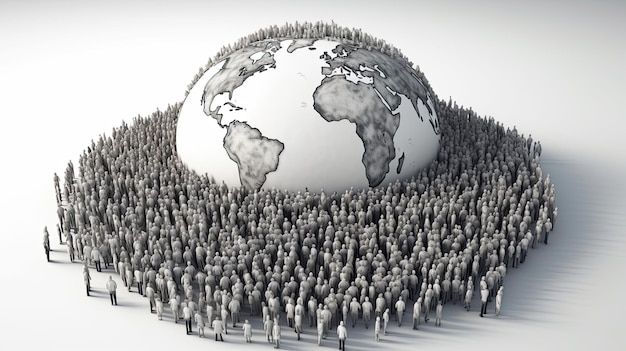 Eine Gruppe von Menschen steht um einen Globus herum.