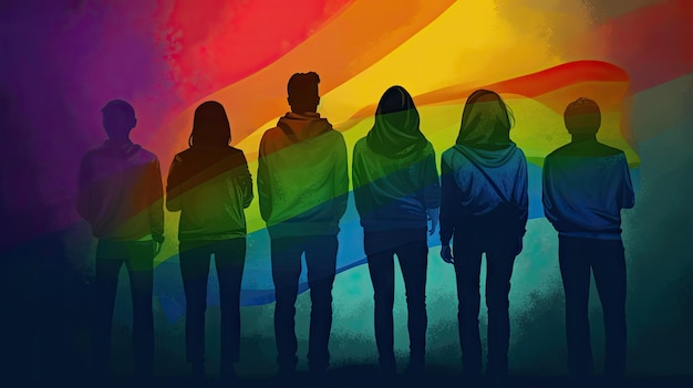 Eine Gruppe von Menschen steht vor einem Regenbogenhintergrund.