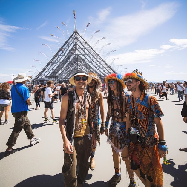 eine Gruppe von Menschen steht vor einer Pyramide