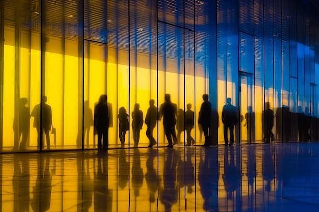 Eine Gruppe von Menschen steht vor einer Wand, an der ein gelbes Licht hängt.