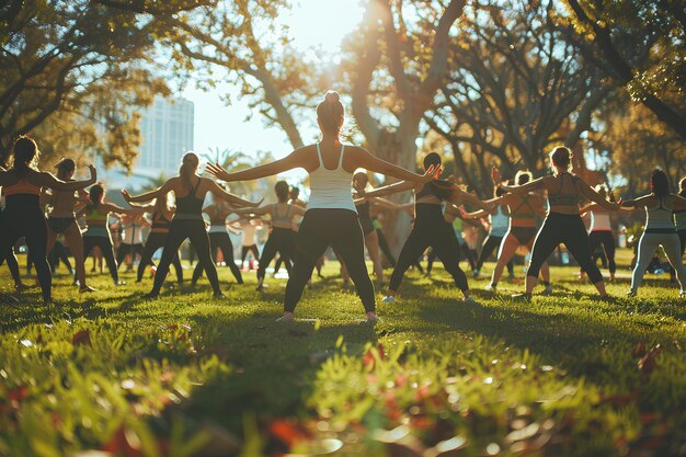 Eine Gruppe von Menschen tanzt in einem Park mit Bäumen im Hintergrund und einer Frau im Hintergrund