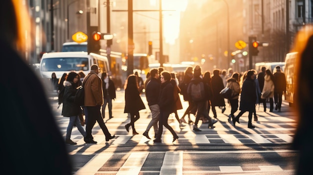 Eine Gruppe von Menschen überquert gemeinsam die Straße in einem städtischen Gebiet