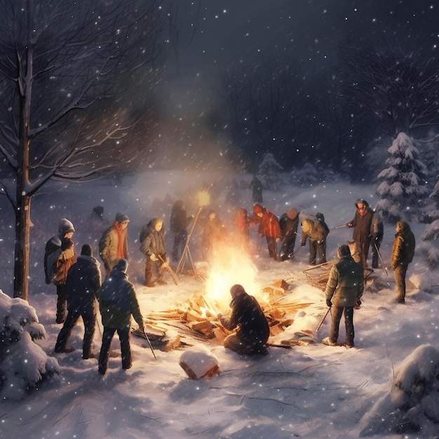 Eine Gruppe von Menschen um ein Lagerfeuer im Schnee.