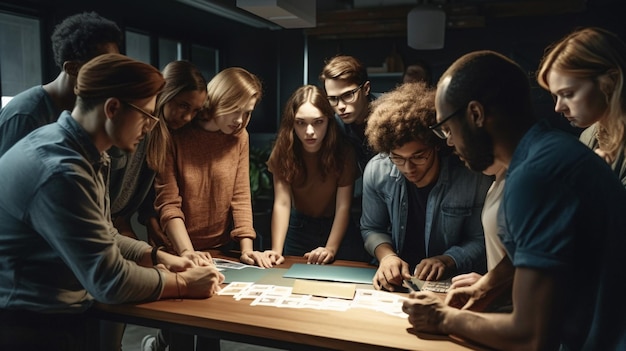 Eine Gruppe von Menschen um einen Tisch mit einer Tafel mit der Aufschrift „Ich bin Wissenschaftler“