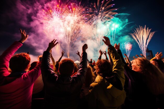 Eine Gruppe von Menschen versammelte sich bei einem Musikfestival und schaute sich Feuerwerk an.