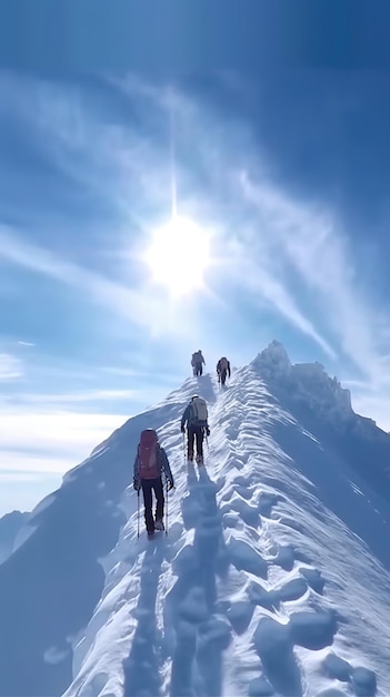 Eine Gruppe von Menschen wandert einen verschneiten Berg hinauf.