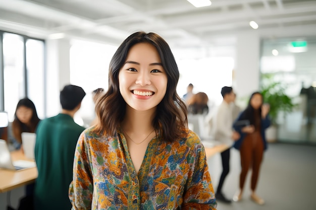 Eine Gruppe von Mitarbeitern der Technologiebranche mit Batik-Lächeln im Bürohintergrund
