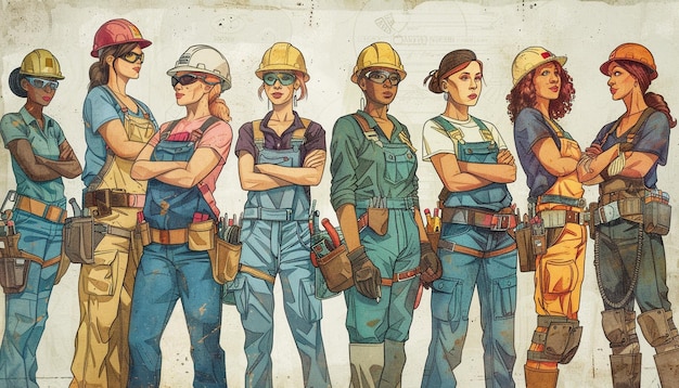 eine Gruppe von Mitarbeitern, die bereit sind, mit den Bauarbeiten zu beginnen, Illustrationsdesign für verwendete Sicherheitsgeräte