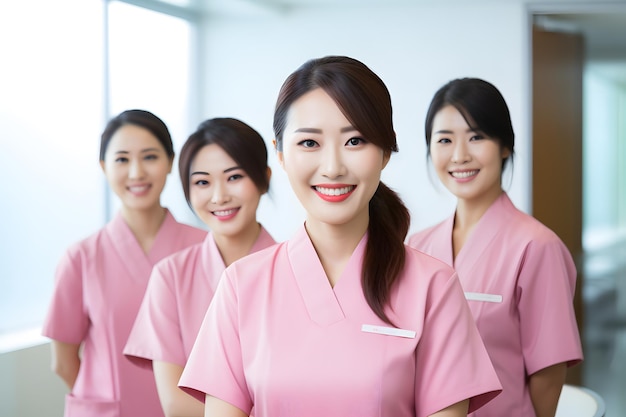 Eine Gruppe von Mitarbeitern einer Hautpflegeklinik im rosafarbenen Outfit