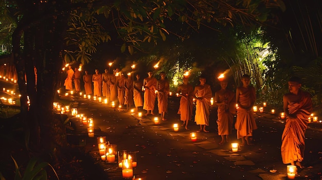 Eine Gruppe von Mönchen geht nachts mit Kerzen durch einen dunklen Wald. Die flackernden Lichter der Kerzen schaffen eine magische und ruhige Atmosphäre.