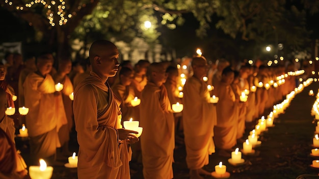 Eine Gruppe von Mönchen hält in einer Nacht Kerzen. Die Kerzen werden in einer Reihe angezündet und die Mönche gehen in einer Reihe hinter ihnen.